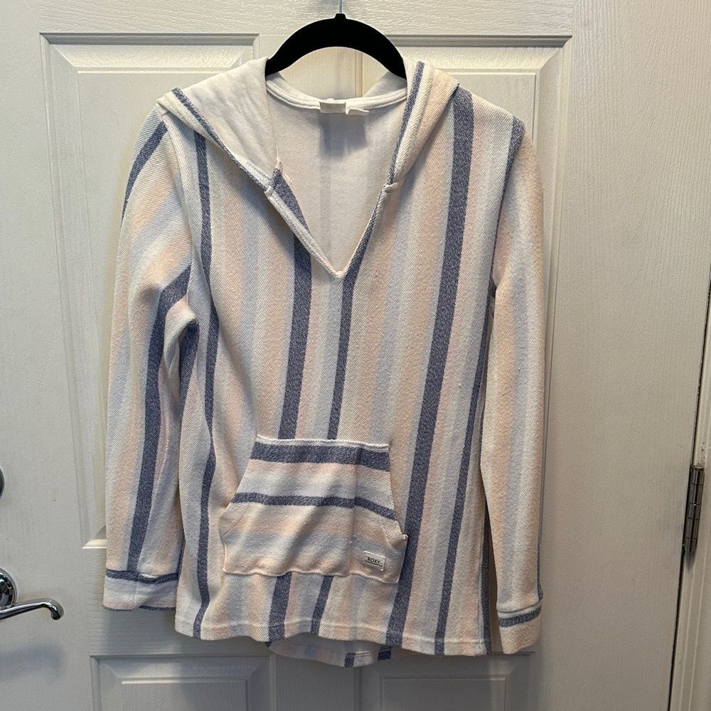 Roxy Girl's Size L (14-16) White Striped Hooded Sweater, Beach vibes, Coastal, F